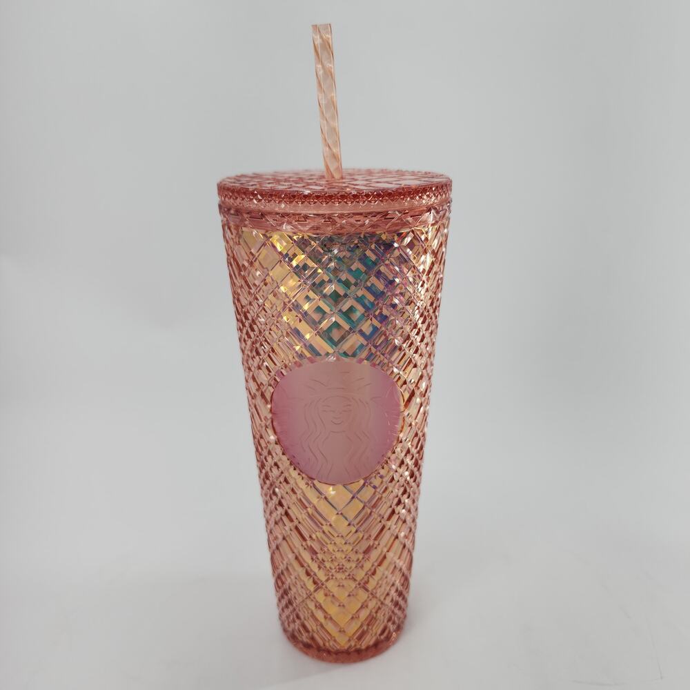Starbucks Rose Gold Iridescent Diamond Studded Cold Cup Tumbler 24oz